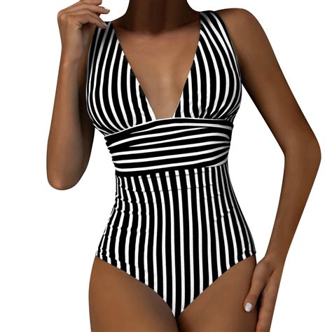 Golikeit One Piece Swimsuits For Women Stripe Tummy Control One Piece Bathing Suit Plunge