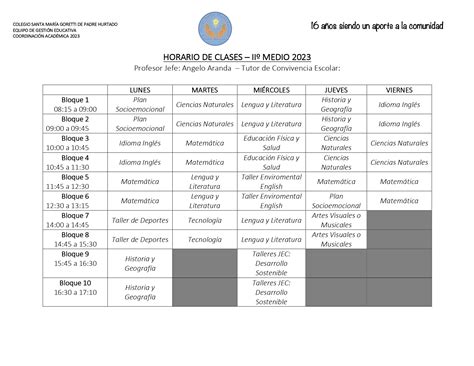 2023 HORARIOS ESTUDIANTES IIºM Colegio Santa María Goretti