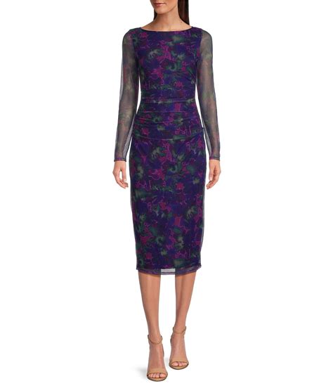 Vince Camuto Crew Neck Long Sleeve Floral Midi Mesh Dress Dillards