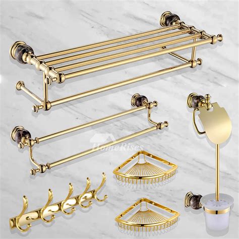 Gold Bathroom Accessories Set Polished Brass Marble Luxury Modern