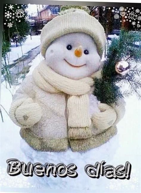 A Snowman Holding A Christmas Tree In His Hand With The Words Buenos