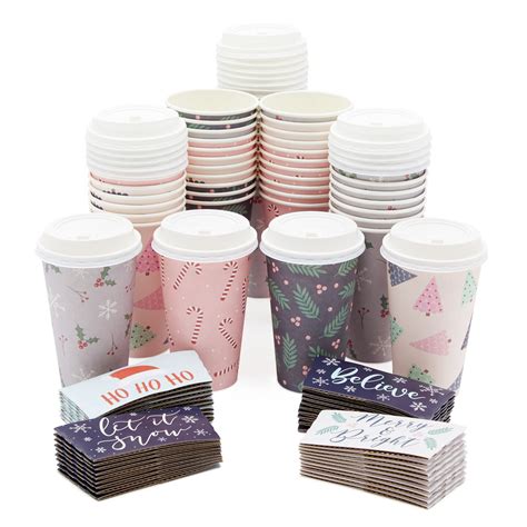 16 Oz Disposable Christmas Coffee Cups With Lids And Sleeves 4 Holiday