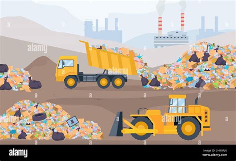 Landfill Landscape With Trash Piles Bulldozer And Garbage Truck