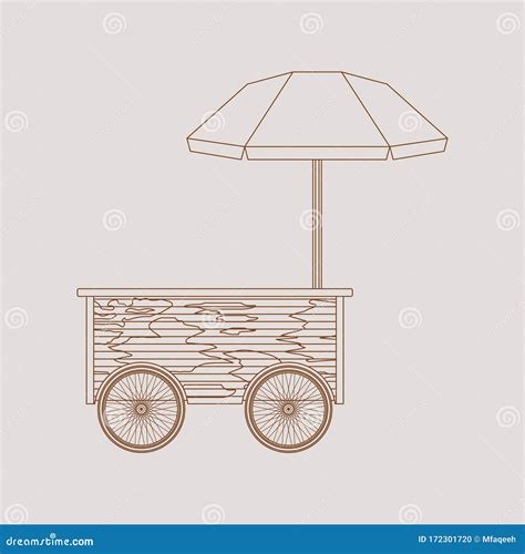 Outline Mobile Wooden Simple Food Cart With Umbrella Vector