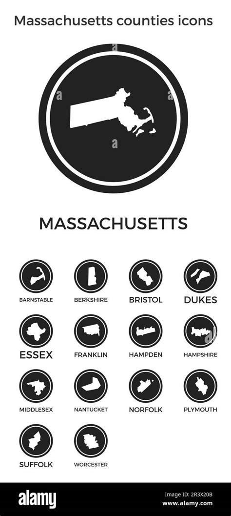 Massachusetts Counties Icons Black Round Logos With Us State Counties Maps And Titles Vector