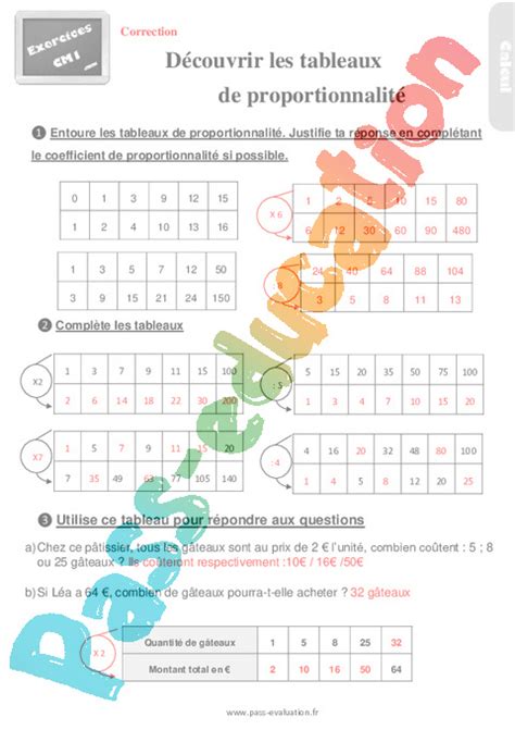 Evaluation avec le corrigé pour le CM1 sur découvrir les tableaux de