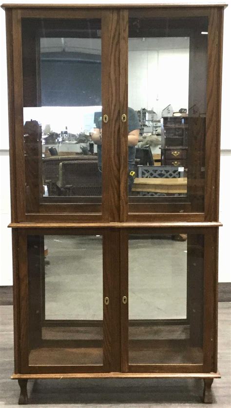 Lot Vintage Oak Lighted Curio Cabinet