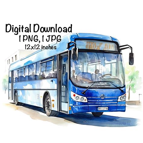 Blue Bus Watercolor Public Transportation Clipart Wall Art Road Bus