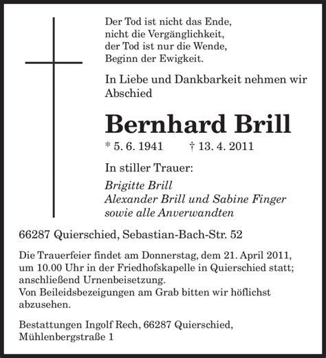 Traueranzeigen Von Bernhard Brill Saarbruecker Zeitung Trauer De