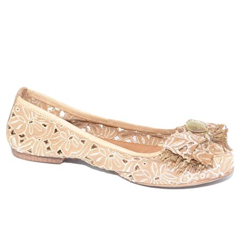 Scarpe Donna Basse Ballerine Beige Corallo In Vera Pelle E Tessuto