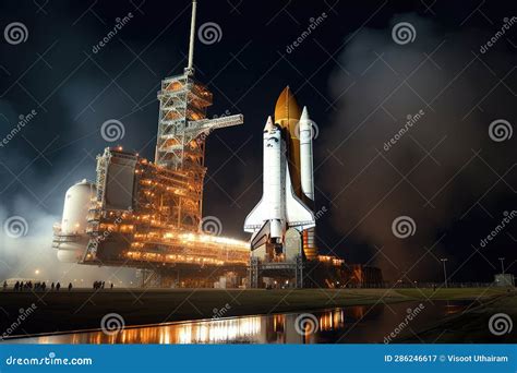 Space Shuttle Ready on Its Launch Pad at Night Stock Illustration ...