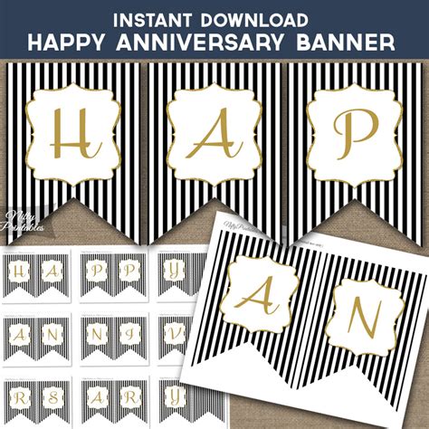 Printable Happy Anniversary Banner - Black & Gold