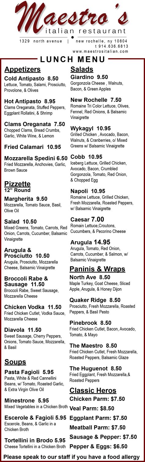 Lunch Menu Maestro S Italian Restaurant