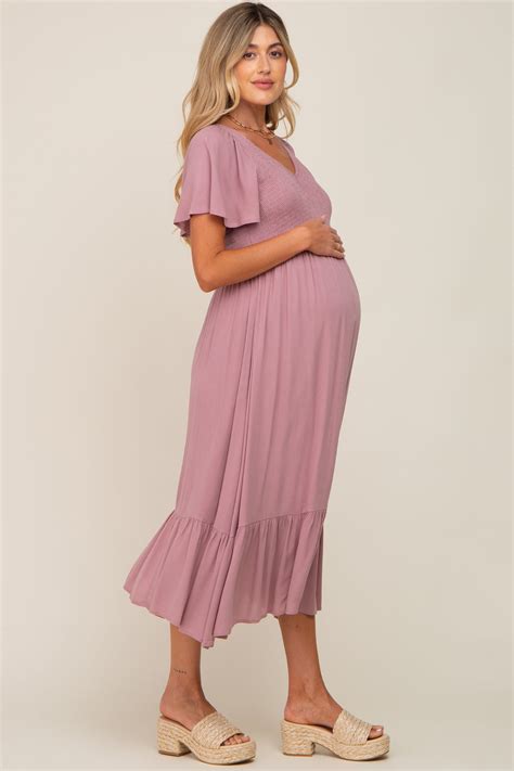 Lavender Smocked V Neck Maternity Midi Dress Pinkblush