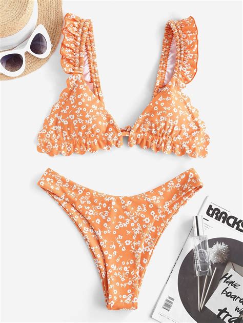 37 OFF POPULAR 2020 ZAFUL Floral Ruffle High Leg Bikini Swimwear