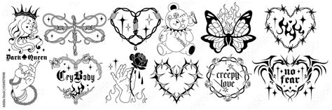 Emo Gothic Tattoo Art Vintage 90s 00s Silhouettes Spike Wire Hearts