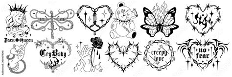 Vecteur Stock Emo Gothic Tattoo Art Vintage 90s 00 S Silhouettes