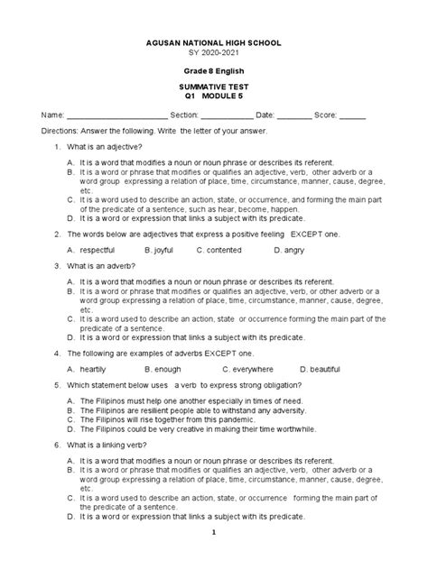 English 8 Q1 Summative Test Module 5 Pdf Adverb Adjective