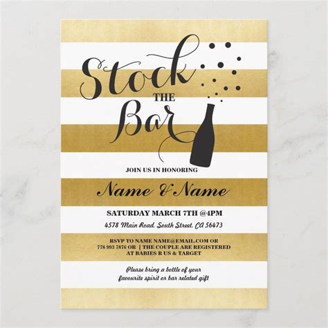 A Gold And White Striped Stock The Bar Party Card With A Bottle Of Wine On It