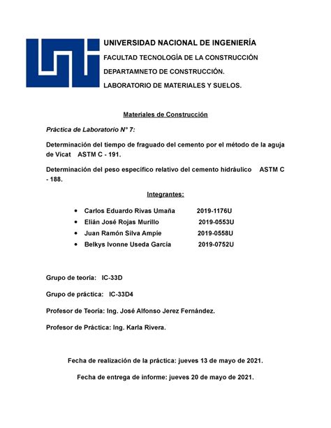 Laboratorio De Materiales De Construcci N Informe