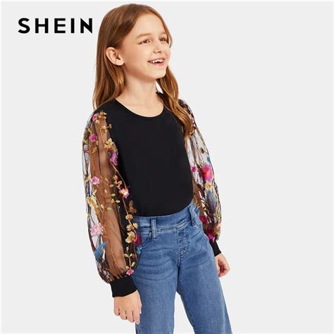 Shein Kiddie Girls Black Flower Embroidered Casual T Shirt Kids Clothes