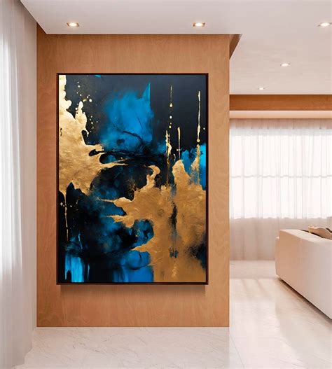 Quadro Abstrato Azul Preto Dourado Canvas Moldura X Elo