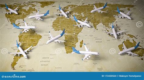 Airplanes On World Map Airline Flight Routes And Airport Travel And Tourism Background Stock