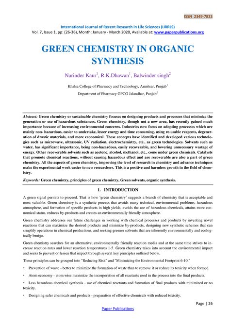 Green Chemistry In Organic Synthesis 1489 International Journal Of Recent Research In Life