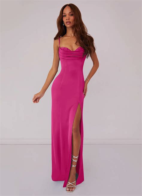 Barbie Pink Pleated Lace Up Mermaid Stretch Satin Dress Bridesmaid