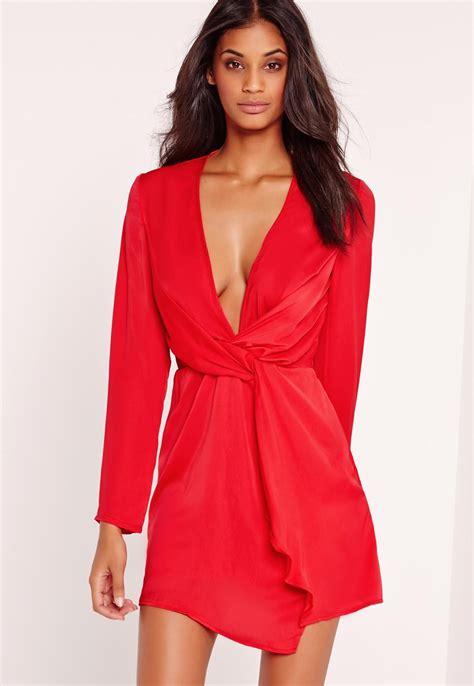 Missguided Silky Plunge Wrap Shift Dress Red Red Dress Red Womens