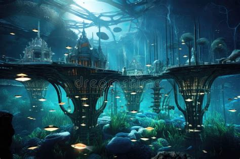 Self Sustaining Underwater City Energy Grid Stock Illustration