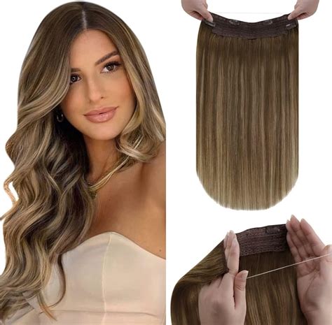 Laavoo Fish Wire Hair Extensions Human Hair Light Brown 12inch Balayage