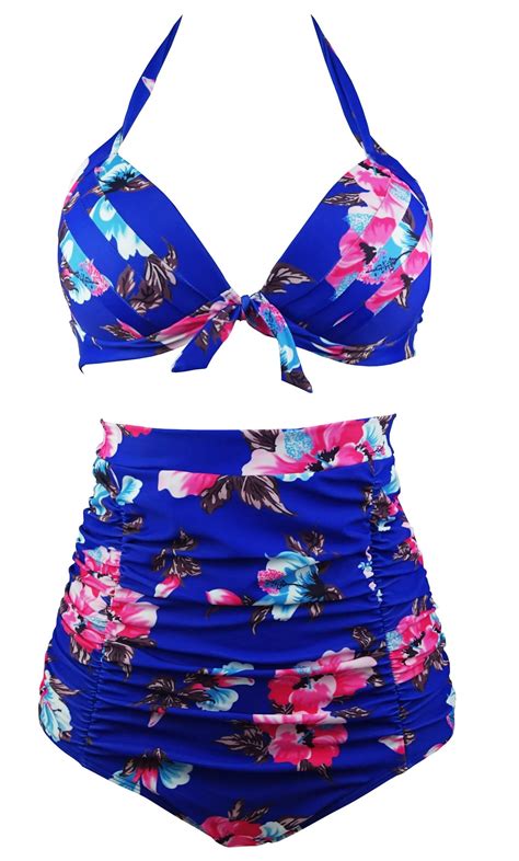 Galleon Cocoship Retro S Blue Red Floral Halter High Waist Bikini