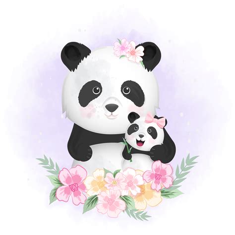 Baby Panda And Mom In Flowers Vector Art At Vecteezy