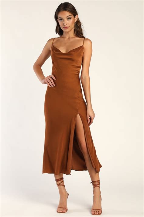 Satin Dress Slip Dress Cowl Neck Dress Brown Midi Dress Lulus