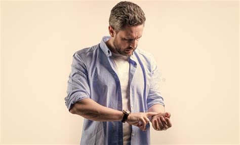 Man Measuring Pulse On Wrist Mature Man With Pulse On Wrist Stock