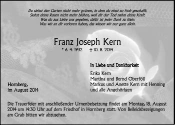 Traueranzeigen Von Franz Joseph Kern Schwarzw Lder Bote Trauer