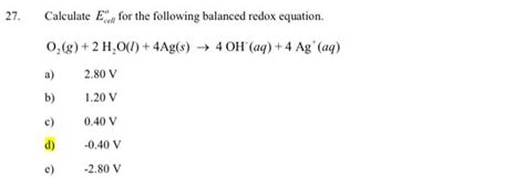 Solved Calculate Ecell O For The Following Balanced Redox Chegg