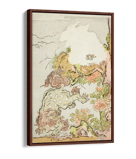 ISODA KORYUSAI CHINESE LIONS AND PEONIES FLOAT EFFECT CANVAS WALL ART