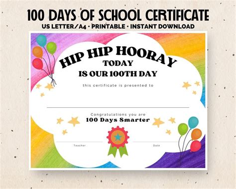 100 Days Of School Certificate Hip Hip Hooray 100 Days Of School 100th