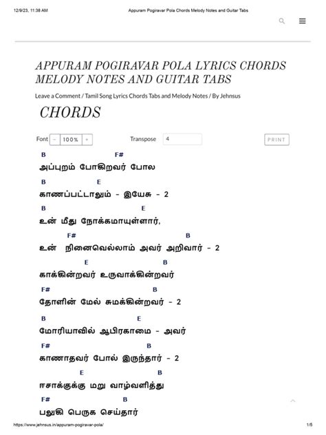 Appuram Pogiravar Pola Chords Melody Notes and Guitar Tabs | PDF