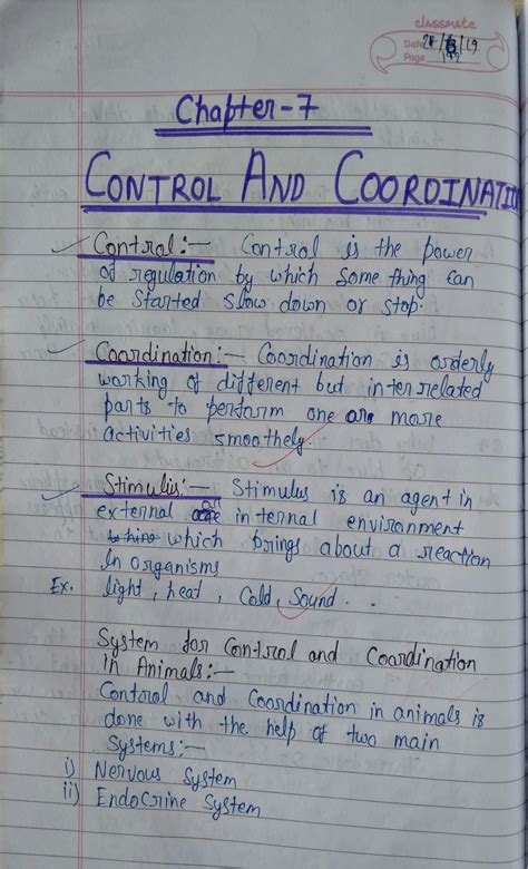 Solution Chapter 7 Control And Coordination Science Class 10th Topper S Handwritten Notes