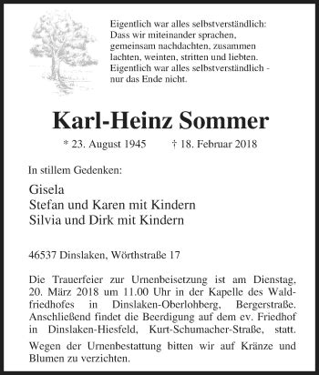 Traueranzeigen Von Karl Heinz Sommer Trauer In Nrw De