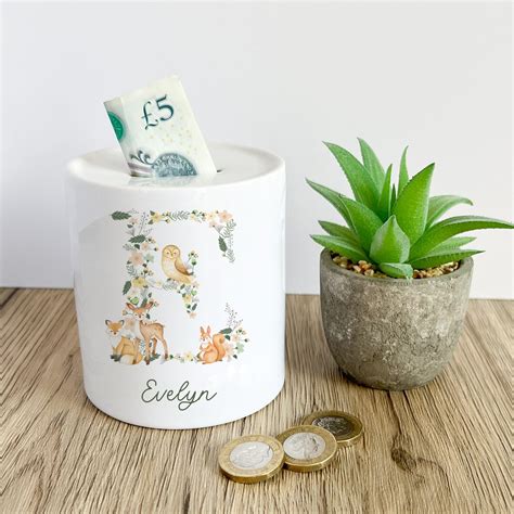 Personalised Woodland Animal Money Box Ceramic Coin Bank Name