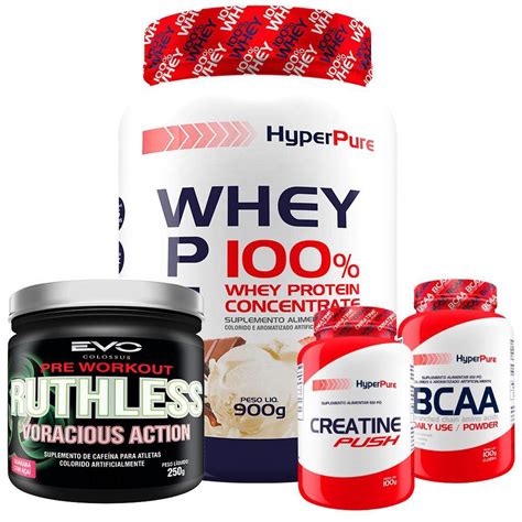 Kit 100 Whey Protein 900g Bcaa Creatina Pré treino Submarino