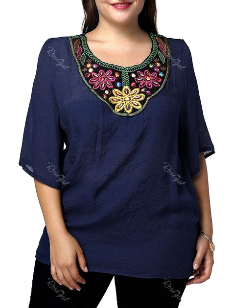 [46 Off] Casual Plus Size Flower Embroidered Spliced Womens Blouse