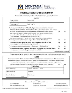 Fillable Online Tuberculosis Screening Form Montana State University