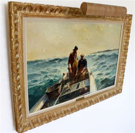 Jack L Gray Mid Century Modern Framed Ram Boat Signed Oil Signed