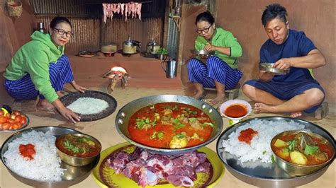 Nepali Style Cooking Buff Masala Curry Achar With Rice In Village