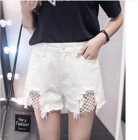 Fishnet Mesh Denim Shorts Women High Waist Sexy Frayed Jeans Summer